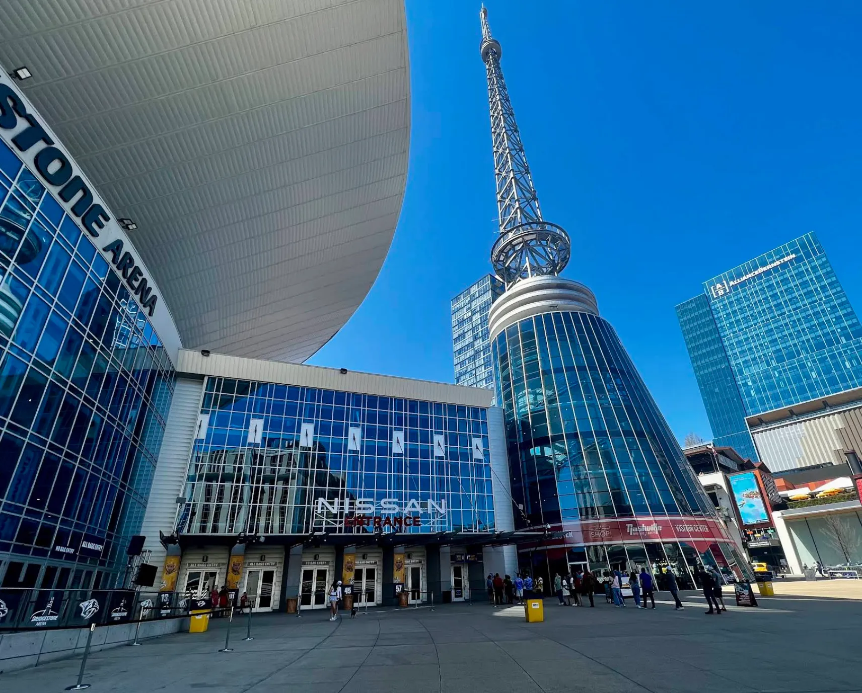 Image: Family posing in front of Bridgestone Arena on game night