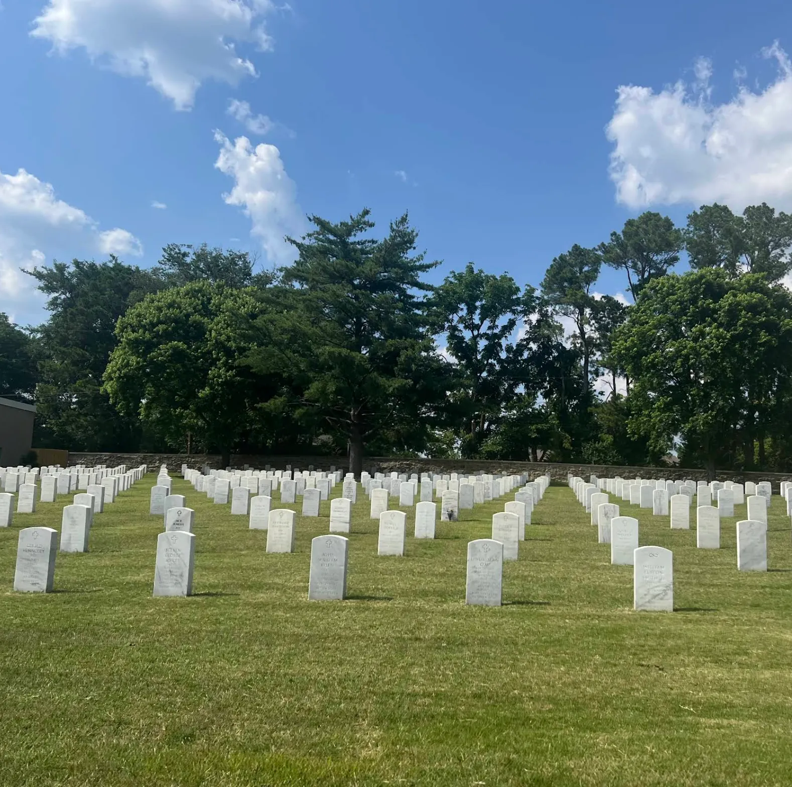 Image: Family walking quietly along rows of white headstones in a military cemetery